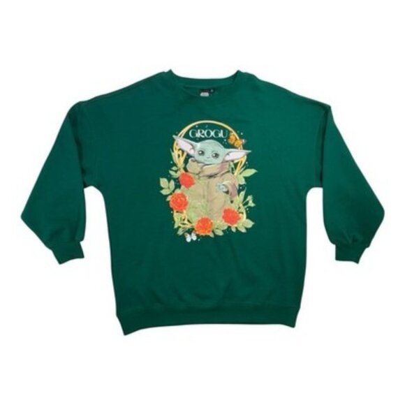 Star Wars Grogu Green Sweatshirt M Floral Butterfly Baby Yoda Pullover NWT - Picture 1 of 8